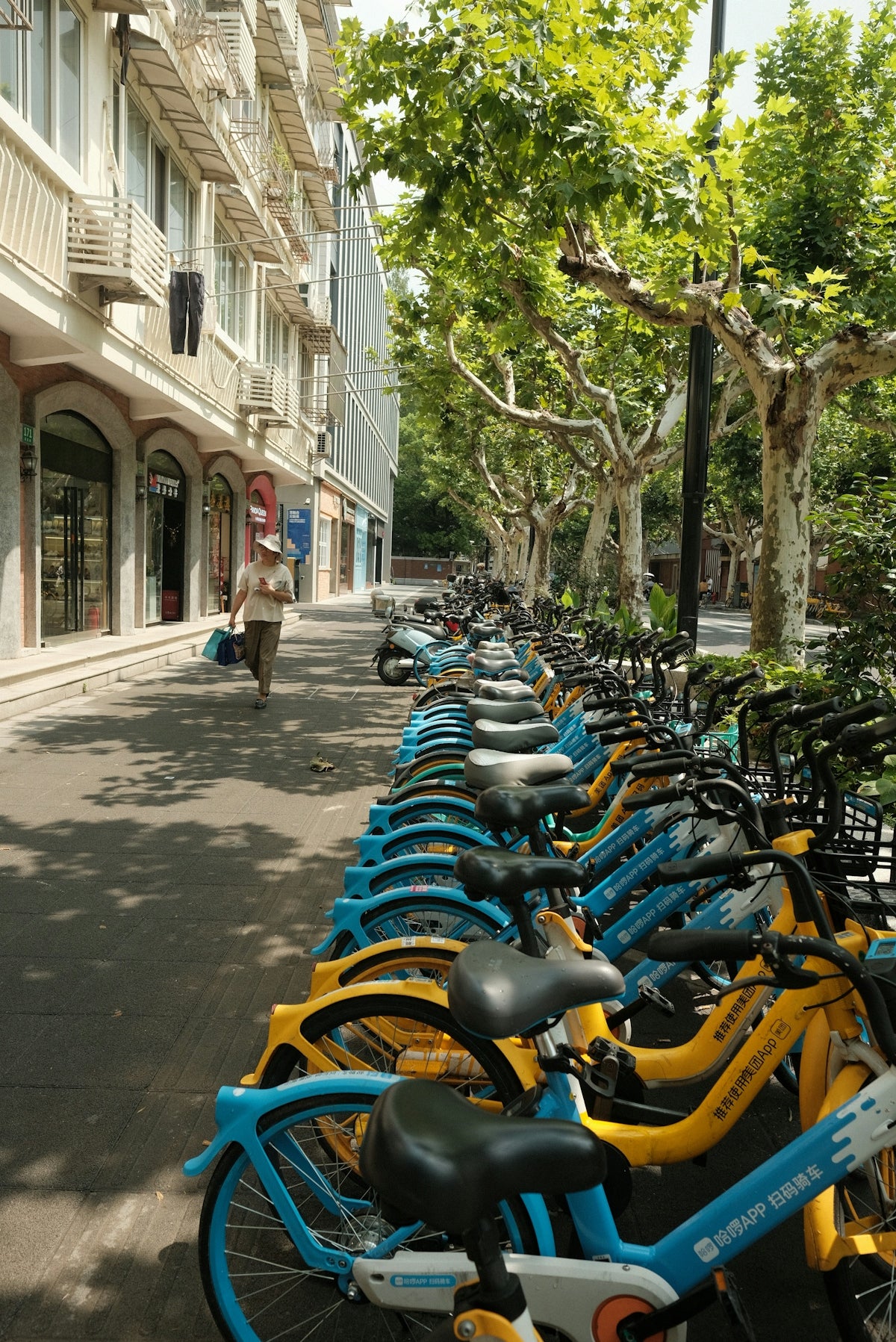 A row of bikes parked next to each other on a sidewalk